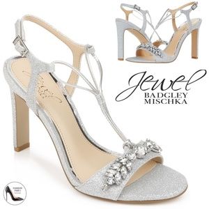 BADGLEY MISCHKA Peaches Crystal Adorned Glitter Stilettos Silver Dress Sandal 10